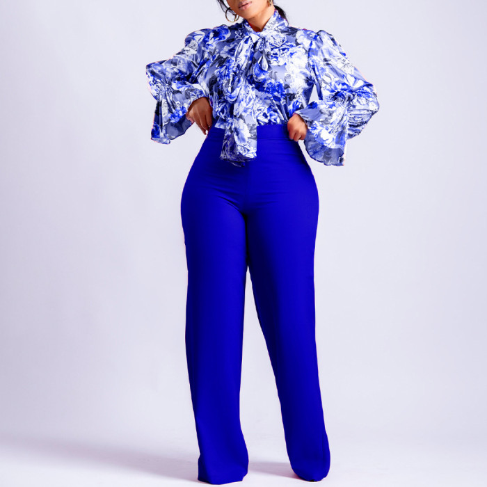 Women Printed Long Sleeve Shirt And Wide Leg Pants Two Piece