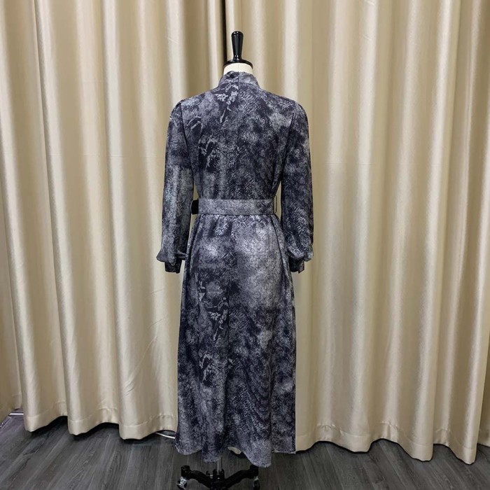 Women Spring Long Sleeve High Waist Printed With Belt Dress