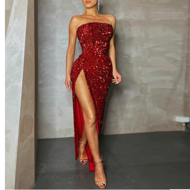 Wrapped Chest Slit Sexy Sequin Dress