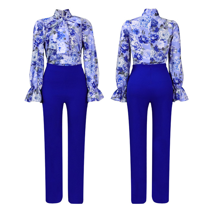 Women Printed Long Sleeve Shirt And Wide Leg Pants Two Piece