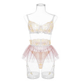 Fashion Mesh See-Through Patchwork Contrast Color Crossover Sexy Garter Belt Three-Piece