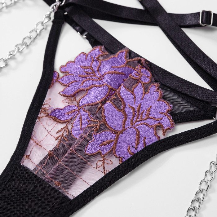Sexy Femal Flower Embroidery Erotic Bra set