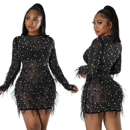 Women Fashion Round Neck Long Sleeve See-Through Beaded Feather Bodycon Party Dress