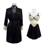 Sexy Deep V Neck Lace Satin See-Through Strap Nightdress Ladies Set