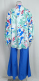 Print Casual Loose Plus Size Turndown Collar Shirt High Waist Wide Leg Pants Two Piece