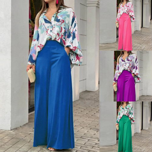 Print Casual Loose Plus Size Turndown Collar Shirt High Waist Wide Leg Pants Two Piece