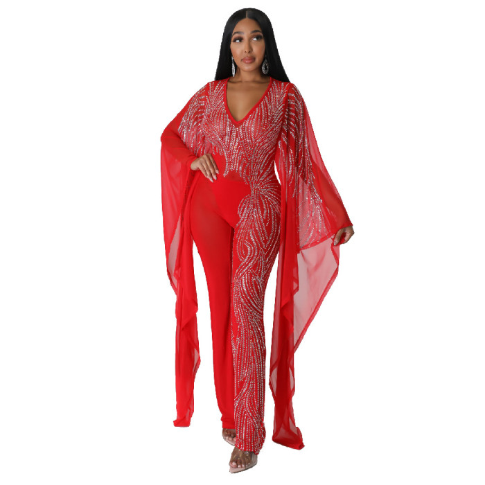 Mesh Sleeve See Through Sexy Jumpsuit Clubwear