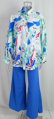 Print Casual Loose Plus Size Turndown Collar Shirt High Waist Wide Leg Pants Two Piece