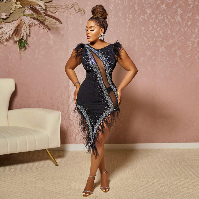 See through Slim Beaded Pearl Feather Party Dress