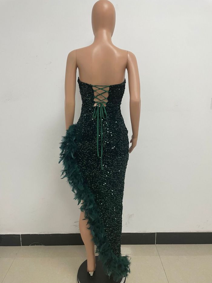 Strapless Backless Sequined Feather Dress