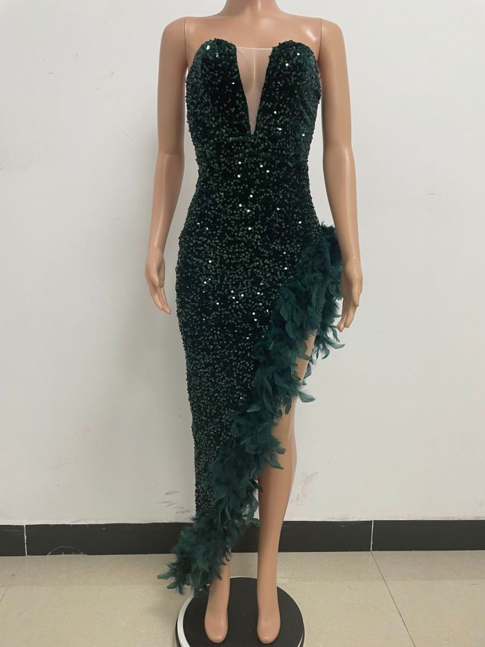 Strapless Backless Sequined Feather Dress