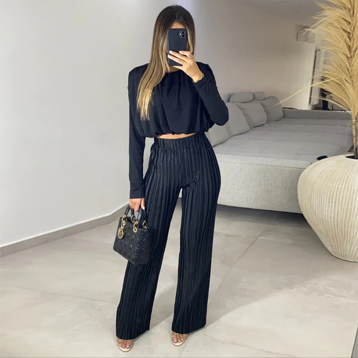 Round Neck Long Sleeve Shirt Pleated High Waist Casual Trousers Two-piece Set