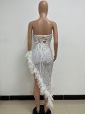 Strapless Backless Sequined Feather Dress