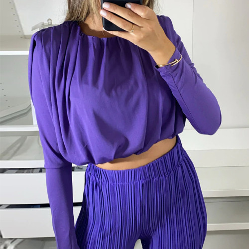 Round Neck Long Sleeve Shirt Pleated High Waist Casual Trousers Two-piece Set