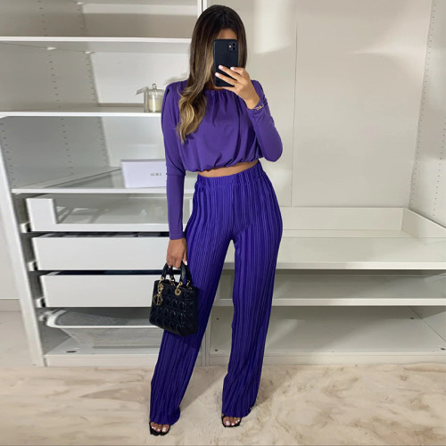 Round Neck Long Sleeve Shirt Pleated High Waist Casual Trousers Two-piece Set
