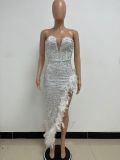 Strapless Backless Sequined Feather Dress