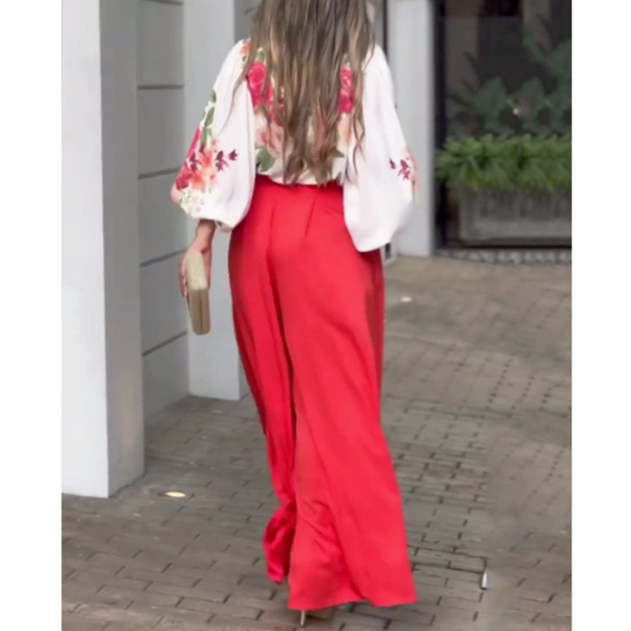 Floral Print Top 2 Piece Wide Leg Pant Set