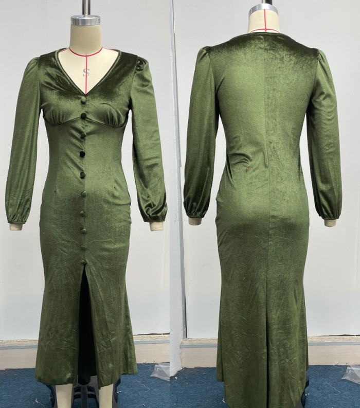 Knitted V-neck Shoulder Pad Long Sleeve Dress