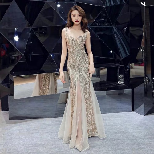 Banquet Fishtail Sleeveless Long Sequins Sling Evening Dress