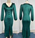 Knitted V-neck Shoulder Pad Long Sleeve Dress