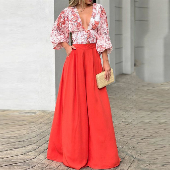 Floral Printed Flare Sleeve Casual Fashion Suit