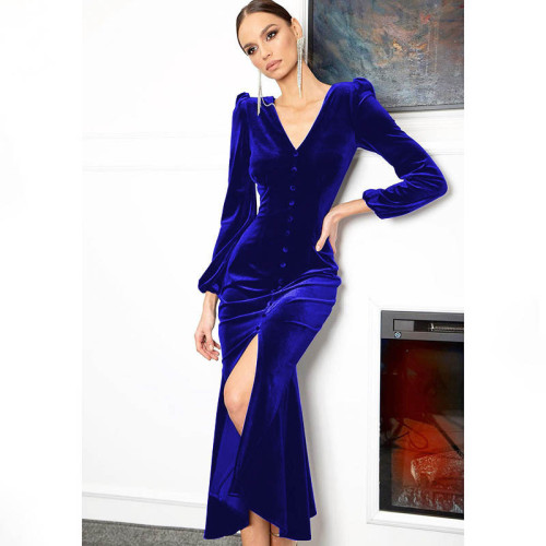 Knitted V-neck Shoulder Pad Long Sleeve Dress