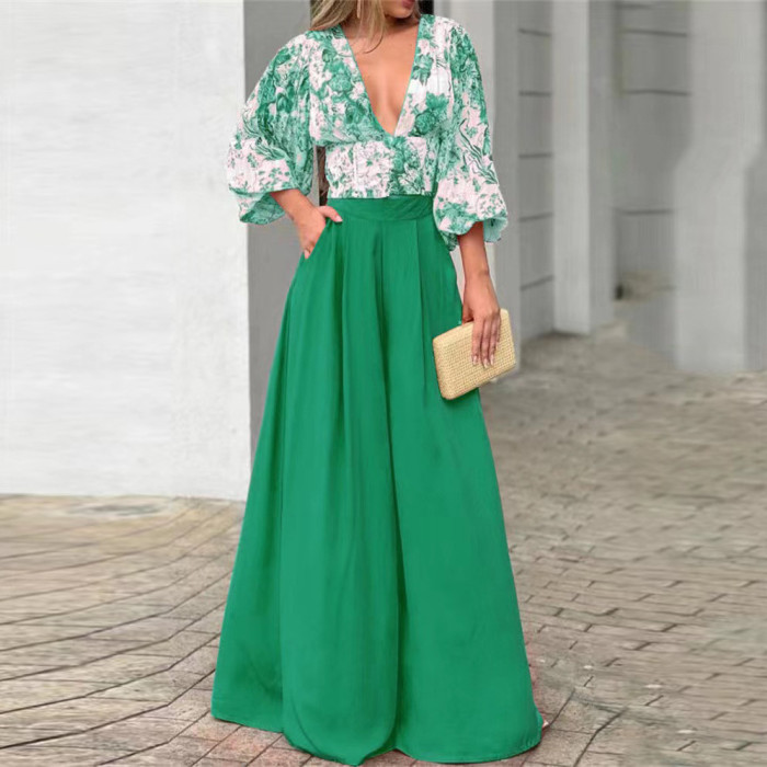 Floral Printed Flare Sleeve Casual Fashion Suit
