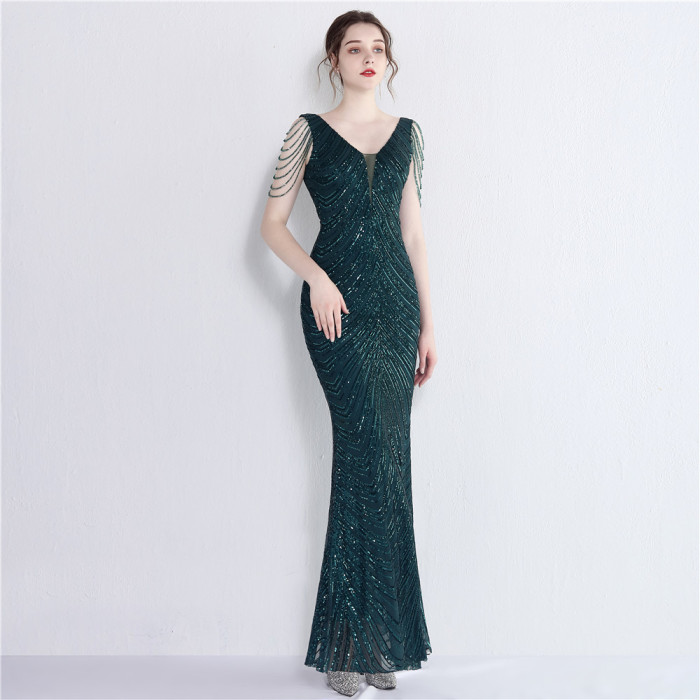 Sequin Chains V-Neck Mermaid Evening Dress