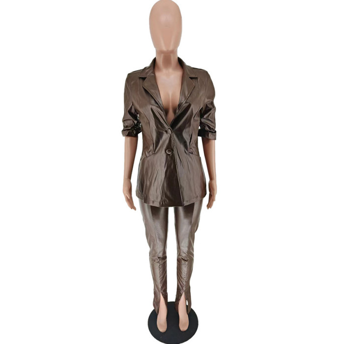 Pu Leather Blazer And Pants 2 Piece Suit