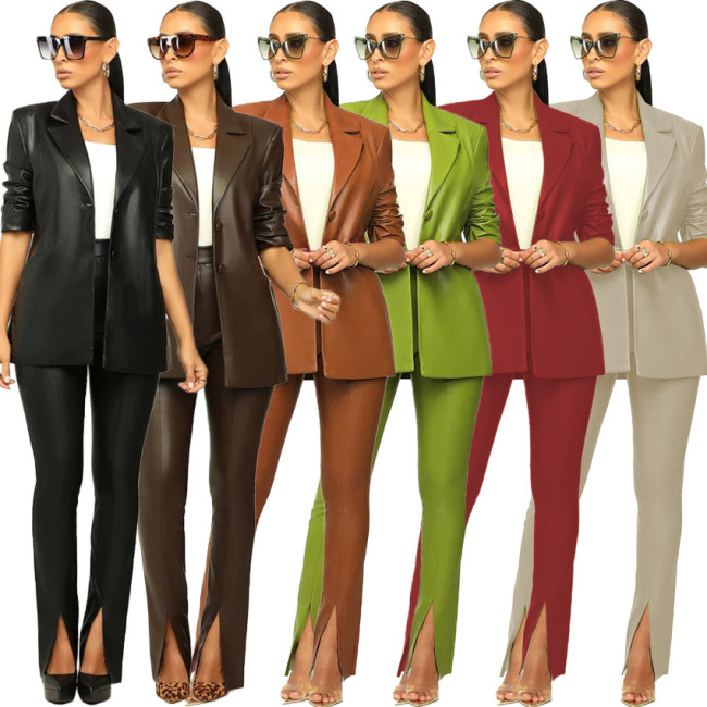 Pu Leather Blazer And Pants 2 Piece Suit