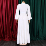 Women'S Solid Color V-Neck Sexy Pleated Long Dress Maxi Dress