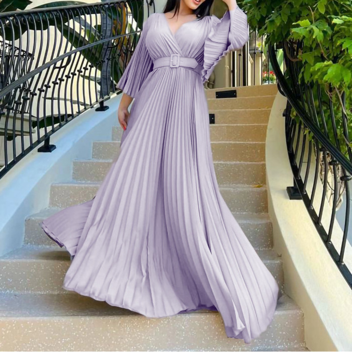 Women'S Solid Color V-Neck Sexy Pleated Long Dress Maxi Dress