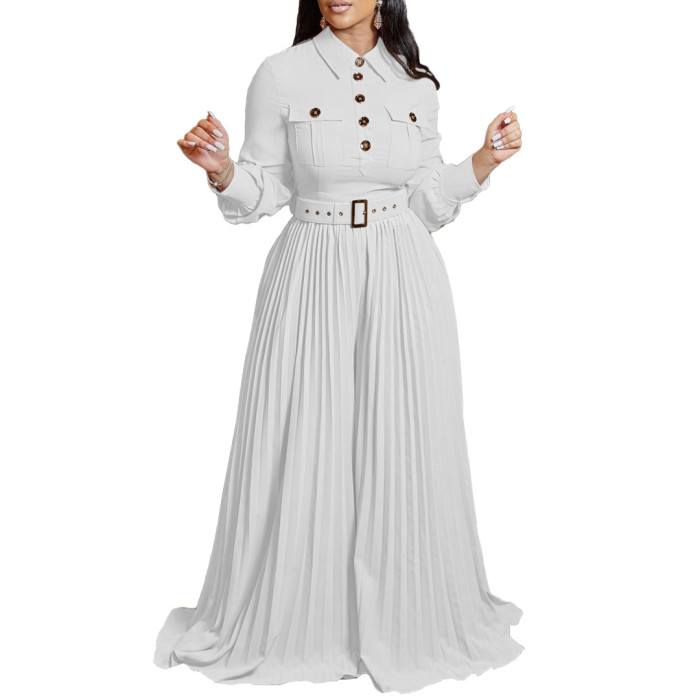 Women's Fall Winter Long Sleeve Casual Loose Pleated Wide Leg Jumpsuit with Belt