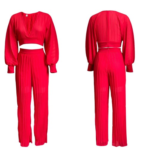 Pleated Puff Sleeve Cropped Top and High Waist Pants Set