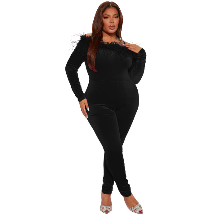 Off Shoulder Velvet Sexy Jumpsuit With Feather