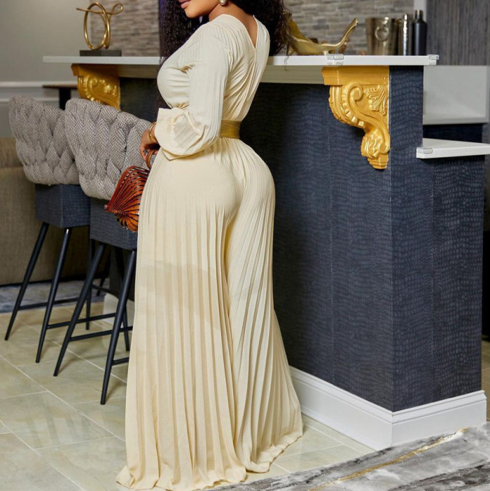 V-Neck Sexy Lace-Up Pleated Wide Leg Plus Size Jumpsuit
