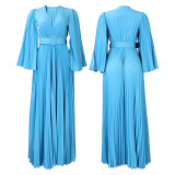 Women'S Solid Color V-Neck Sexy Pleated Long Dress Maxi Dress