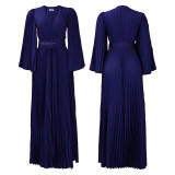 Women'S Solid Color V-Neck Sexy Pleated Long Dress Maxi Dress