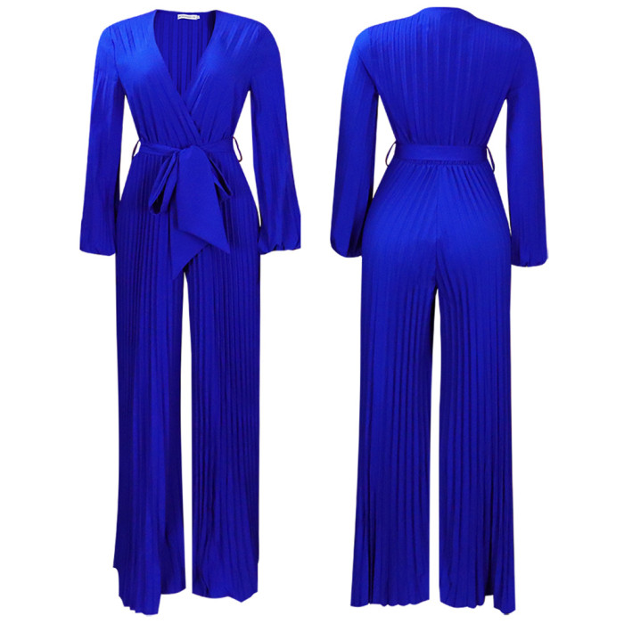 V-Neck Sexy Lace-Up Pleated Wide Leg Plus Size Jumpsuit