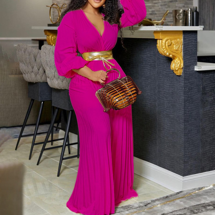 V-Neck Sexy Lace-Up Pleated Wide Leg Plus Size Jumpsuit