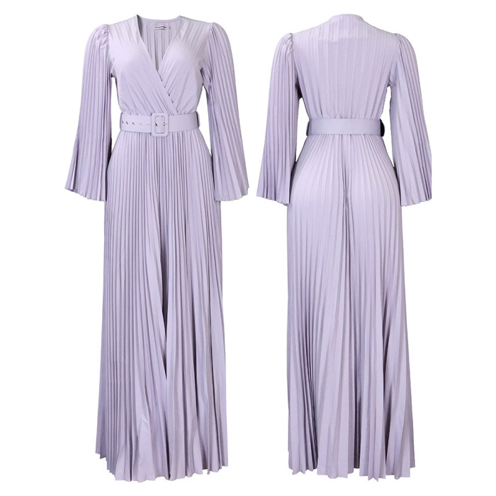 Women'S Solid Color V-Neck Sexy Pleated Long Dress Maxi Dress