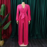 V-Neck Sexy Lace-Up Pleated Wide Leg Plus Size Jumpsuit