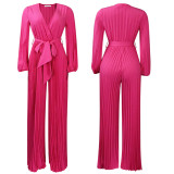 V-Neck Sexy Lace-Up Pleated Wide Leg Plus Size Jumpsuit
