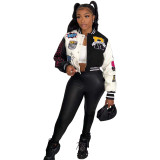 Letter Print Leather Sleeve Biker Jacket
