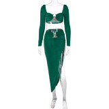 Long Sleeve Crop Top Sexy Slit Dress