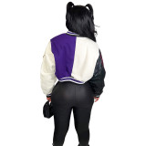 Letter Print Leather Sleeve Biker Jacket