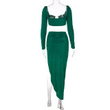 Long Sleeve Crop Top Sexy Slit Dress