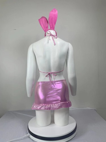 3pack Metallic Chain Detail Ruffle Hem Halter Bunny Costume Set