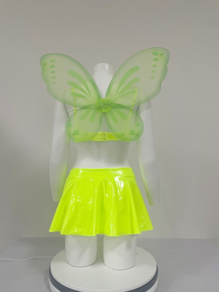 Women 3Pcs Sexy Shiny Fairy Cosplay Costume Bra Tops Mini Skirt with Wings Set