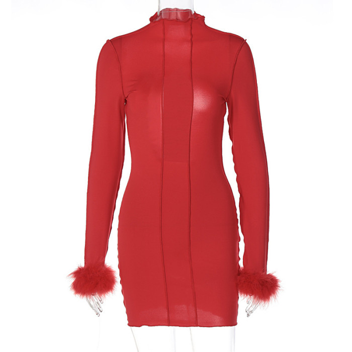 Solid Stand Collar Cutout Low Back Club Style Patchwork Furry Long Sleeve Dress